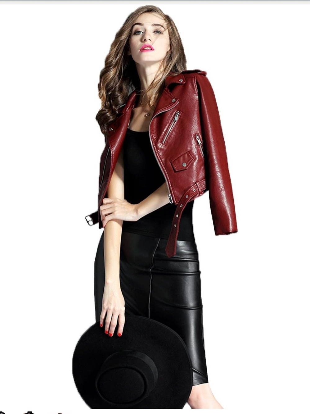 Burgundy Faux Leather Cropped Moto Jacket Small Glam Grunge Bikercore